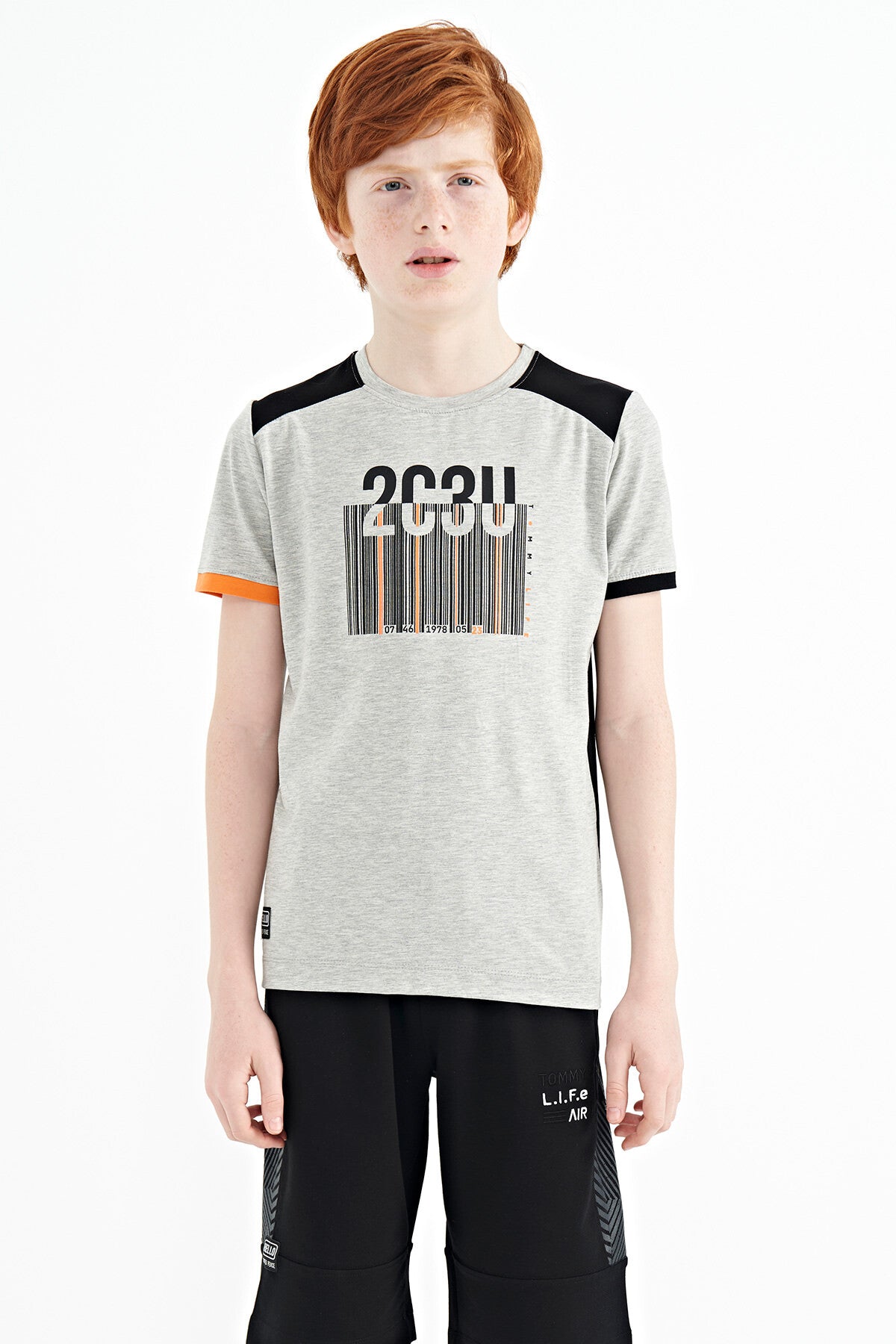 Grey Melange Print Detailed O Collar Standard Fit Boys T-Shirt - 11157