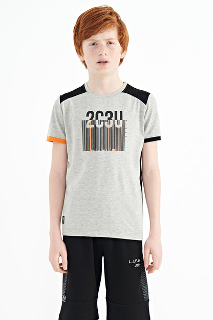 Grey Melange Print Detailed O Collar Standard Fit Boys T-Shirt - 11157
