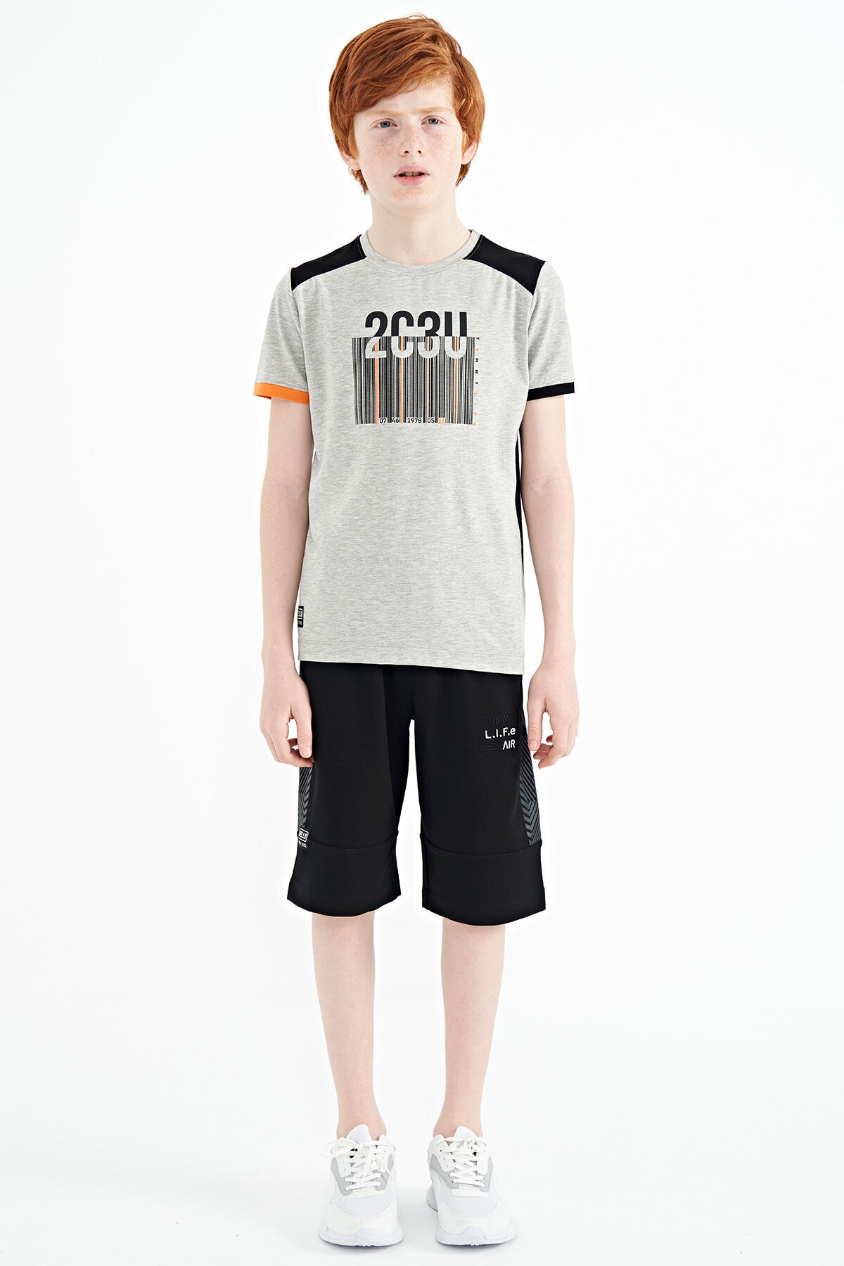 Grey Melange Print Detailed O Collar Standard Fit Boys T-Shirt - 11157