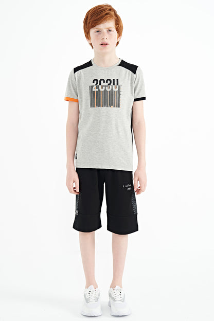 Grey Melange Print Detailed O Collar Standard Fit Boys T-Shirt - 11157