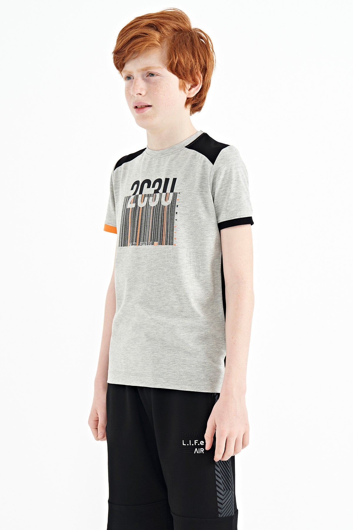Grey Melange Print Detailed O Collar Standard Fit Boys T-Shirt - 11157