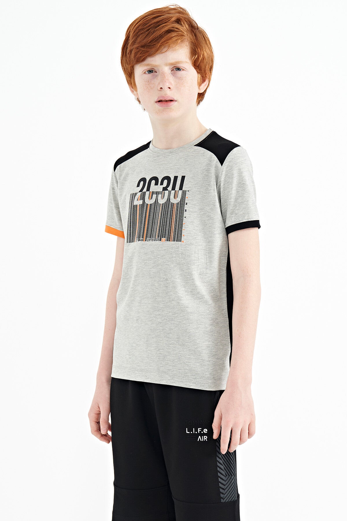 Grey Melange Print Detailed O Collar Standard Fit Boys T-Shirt - 11157