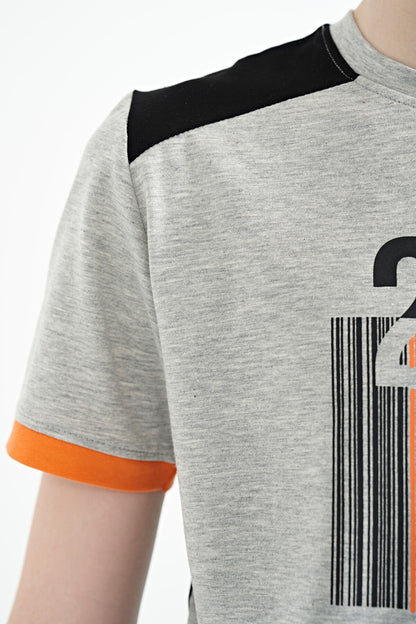 Grey Melange Print Detailed O Collar Standard Fit Boys T-Shirt - 11157