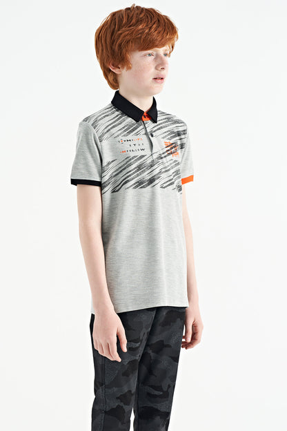 Grey Melange Print Detailed Polo Collar Standard Fit Boys' T-Shirt - 11161