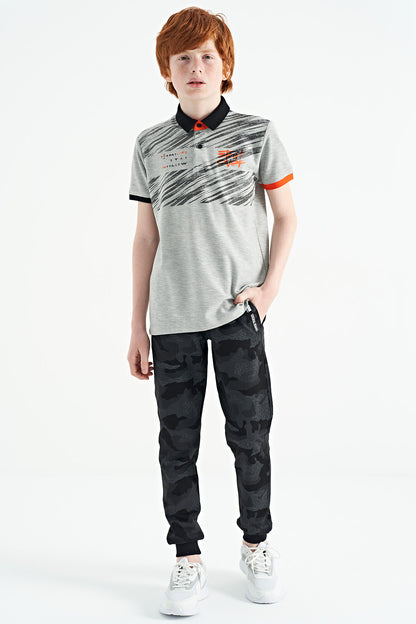 Grey Melange Print Detailed Polo Collar Standard Fit Boys' T-Shirt - 11161