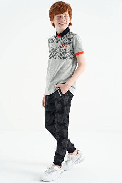 Grey Melange Print Detailed Polo Collar Standard Fit Boys' T-Shirt - 11161