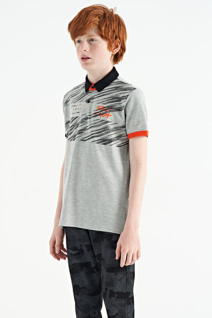 Grey Melange Print Detailed Polo Collar Standard Fit Boys' T-Shirt - 11161