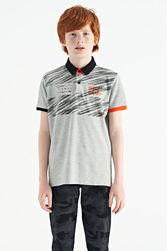 Grey Melange Print Detailed Polo Collar Standard Fit Boys' T-Shirt - 11161