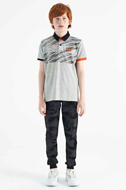 Grey Melange Print Detailed Polo Collar Standard Fit Boys' T-Shirt - 11161