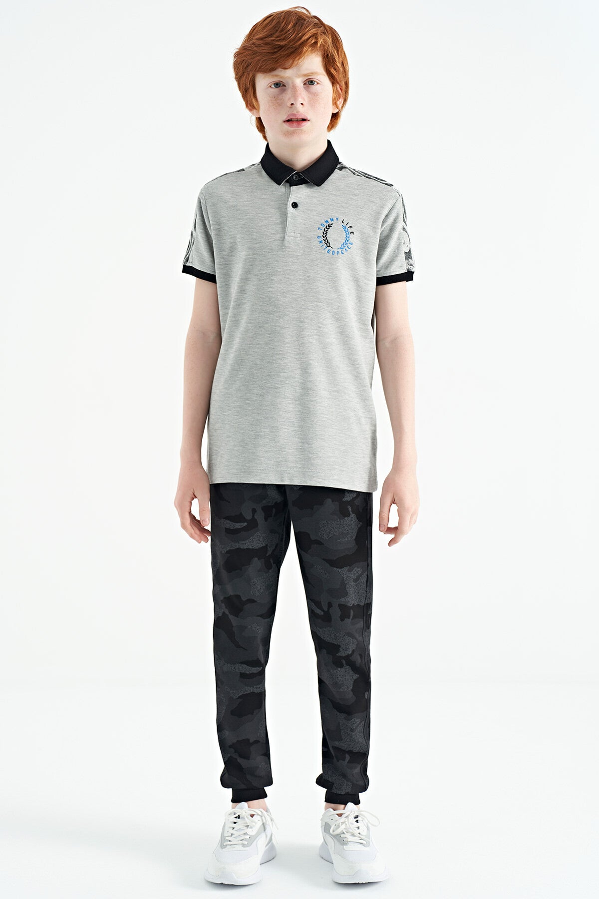 Grey Melange Print Detailed Polo Collar Standard Fit Boys T-Shirt - 11166