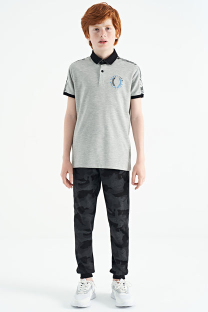 Grey Melange Print Detailed Polo Collar Standard Fit Boys T-Shirt - 11166