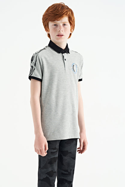 Grey Melange Print Detailed Polo Collar Standard Fit Boys T-Shirt - 11166