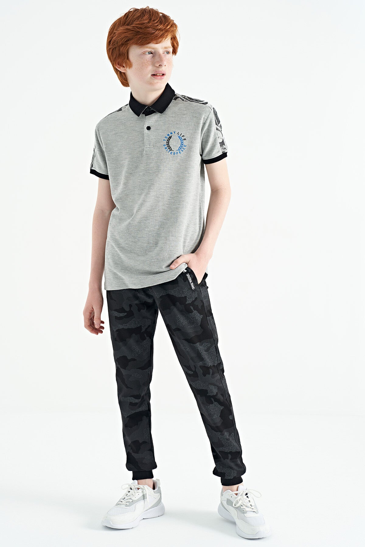 Grey Melange Print Detailed Polo Collar Standard Fit Boys T-Shirt - 11166
