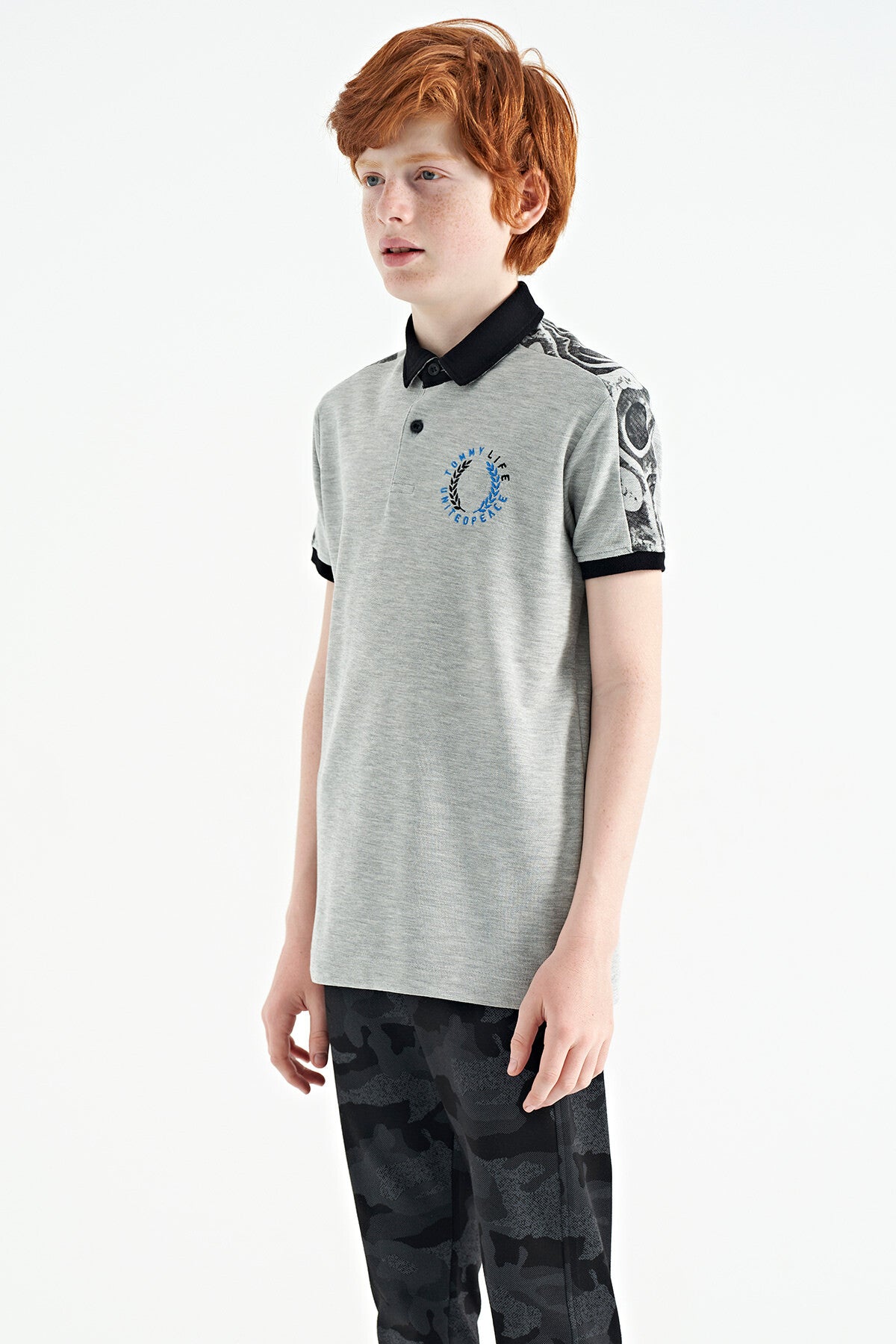 Grey Melange Print Detailed Polo Collar Standard Fit Boys T-Shirt - 11166