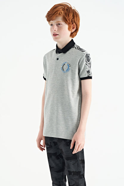 Grey Melange Print Detailed Polo Collar Standard Fit Boys T-Shirt - 11166