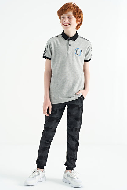 Grey Melange Print Detailed Polo Collar Standard Fit Boys T-Shirt - 11166
