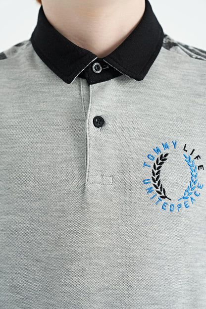 Grey Melange Print Detailed Polo Collar Standard Fit Boys T-Shirt - 11166