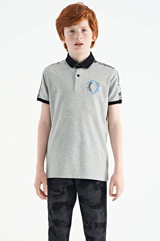Grey Melange Print Detailed Polo Collar Standard Fit Boys T-Shirt - 11166