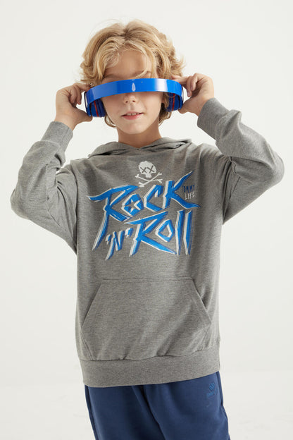 Grey Melange Print Kangaroo Pocket Hooded Regular Fit Boys' Sweatshirt - 11002