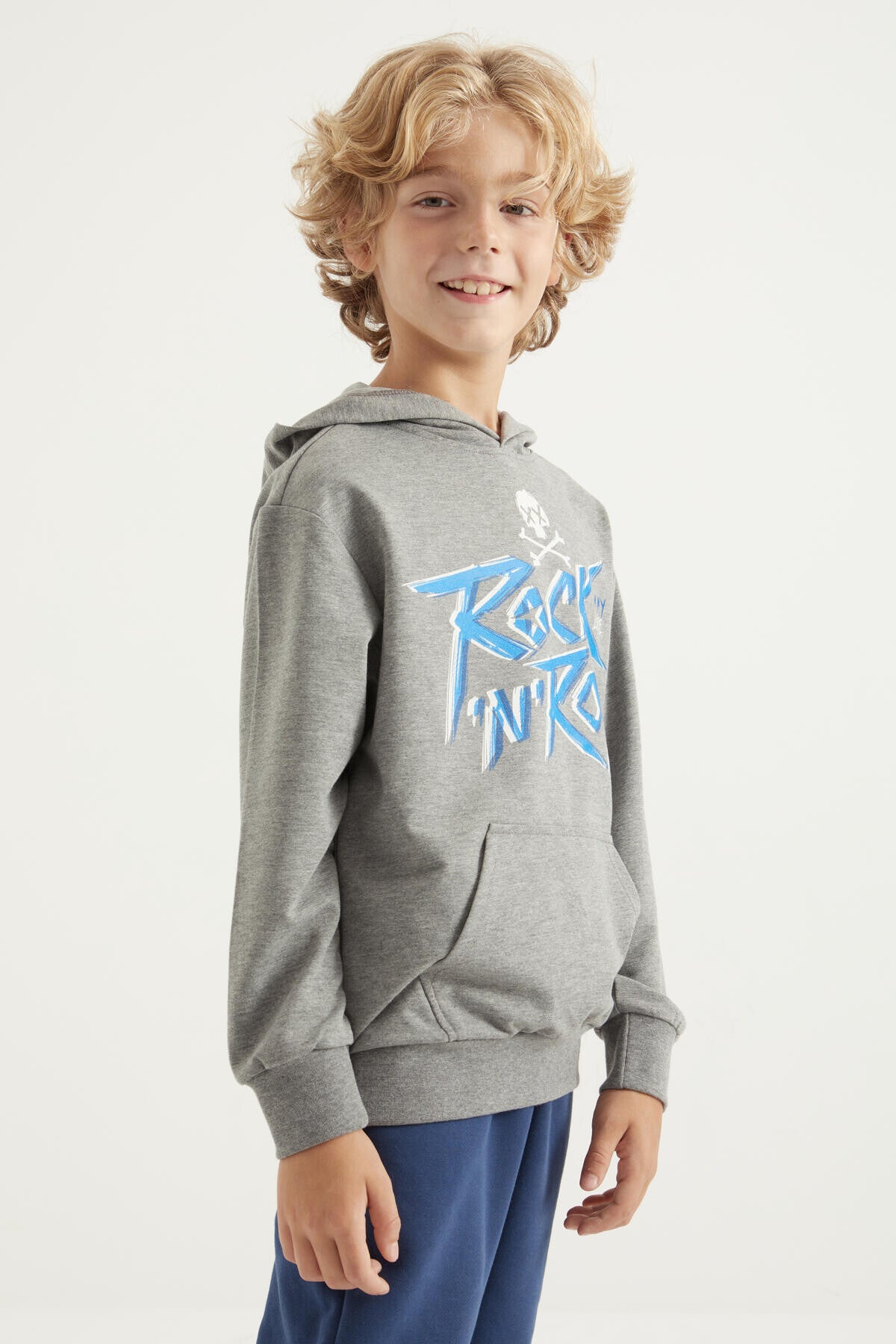 Grey Melange Print Kangaroo Pocket Hooded Regular Fit Boys' Sweatshirt - 11002
