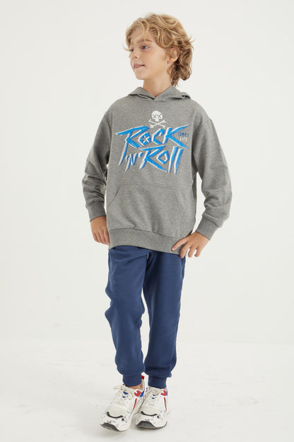Grey Melange Print Kangaroo Pocket Hooded Regular Fit Boys' Sweatshirt - 11002