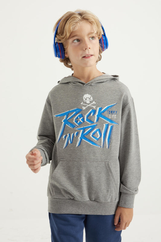 Grey Melange Print Kangaroo Pocket Hooded Regular Fit Boys' Sweatshirt - 11002