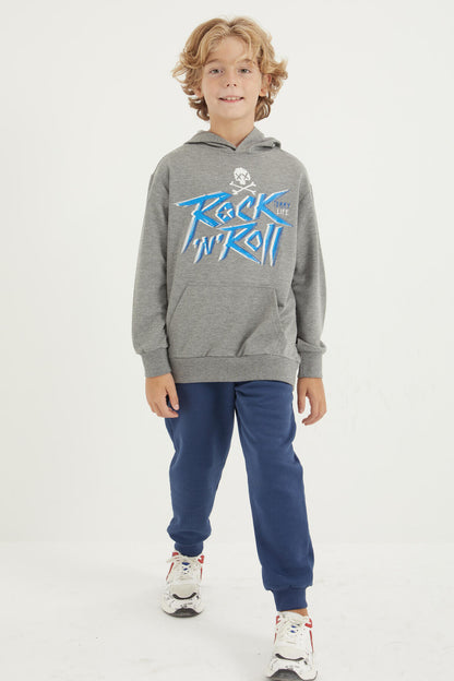 Grey Melange Print Kangaroo Pocket Hooded Regular Fit Boys' Sweatshirt - 11002