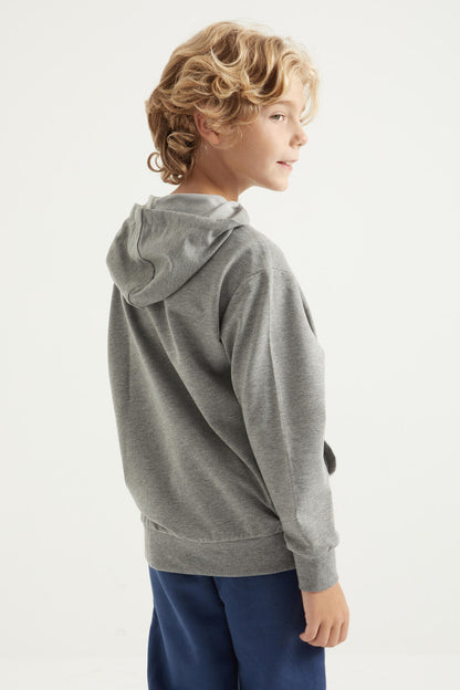 Grey Melange Print Kangaroo Pocket Hooded Regular Fit Boys' Sweatshirt - 11002