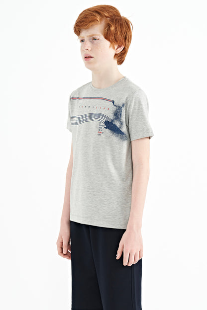 Grey Melange Print Detailed Standard Mold O Collar Boys T-Shirt - 11133
