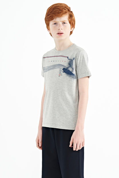 Grey Melange Print Detailed Standard Mold O Collar Boys T-Shirt - 11133