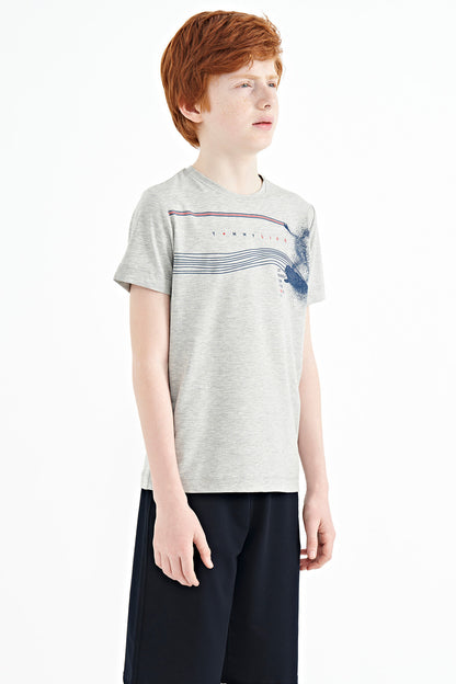 Grey Melange Print Detailed Standard Mold O Collar Boys T-Shirt - 11133