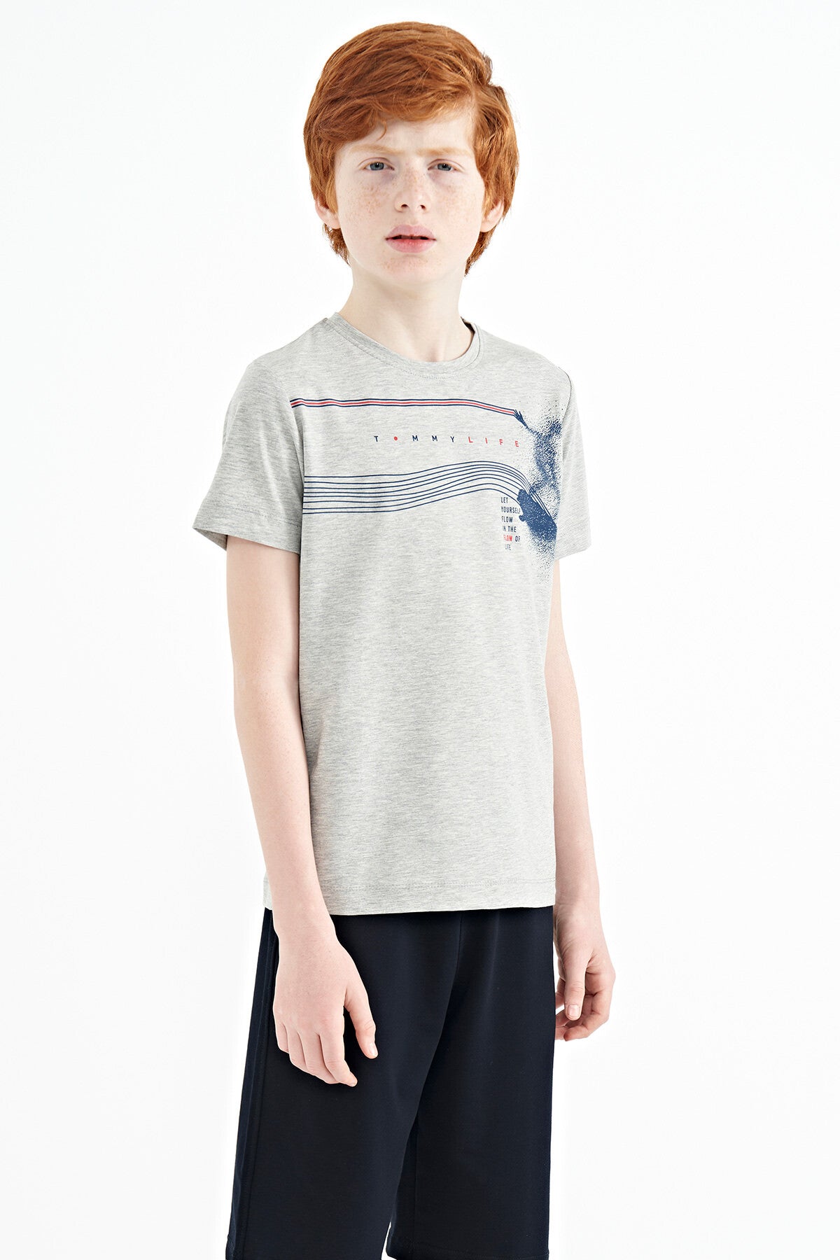 Grey Melange Print Detailed Standard Mold O Collar Boys T-Shirt - 11133