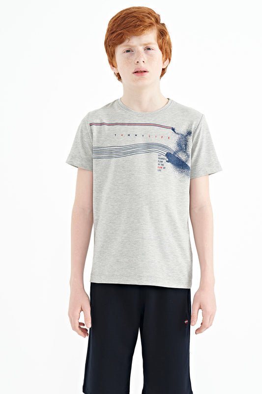 Grey Melange Print Detailed Standard Mold O Collar Boys T-Shirt - 11133