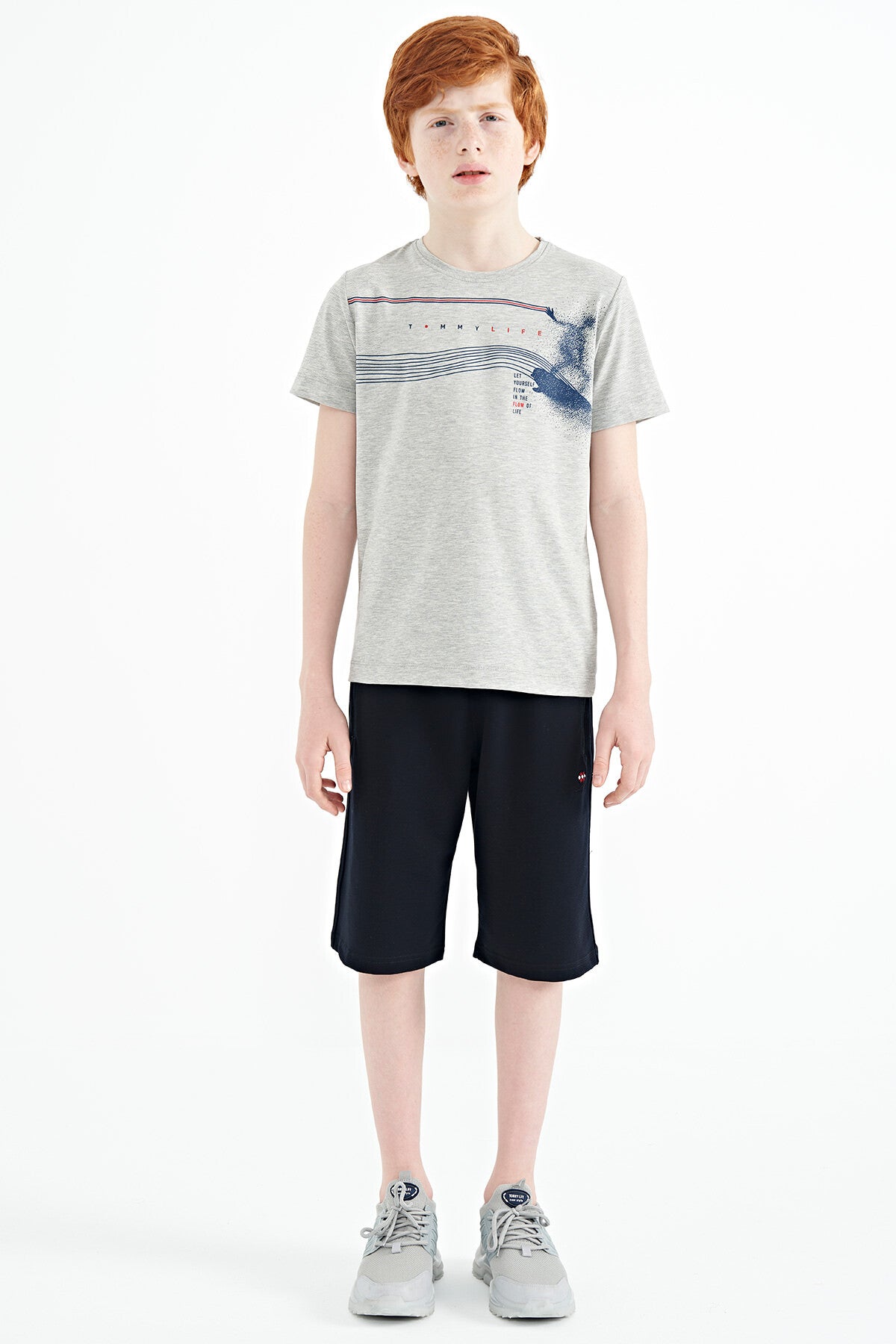 Grey Melange Print Detailed Standard Mold O Collar Boys T-Shirt - 11133