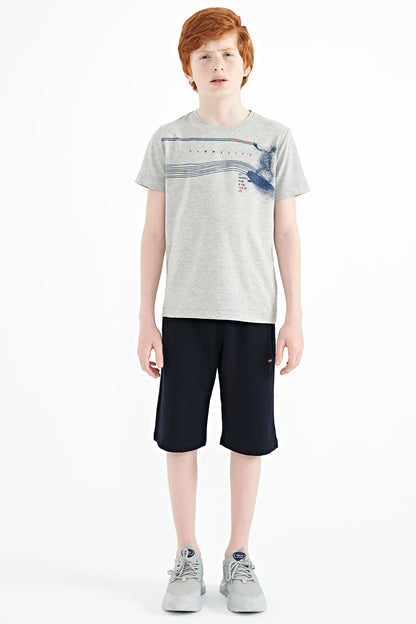 Grey Melange Print Detailed Standard Mold O Collar Boys T-Shirt - 11133