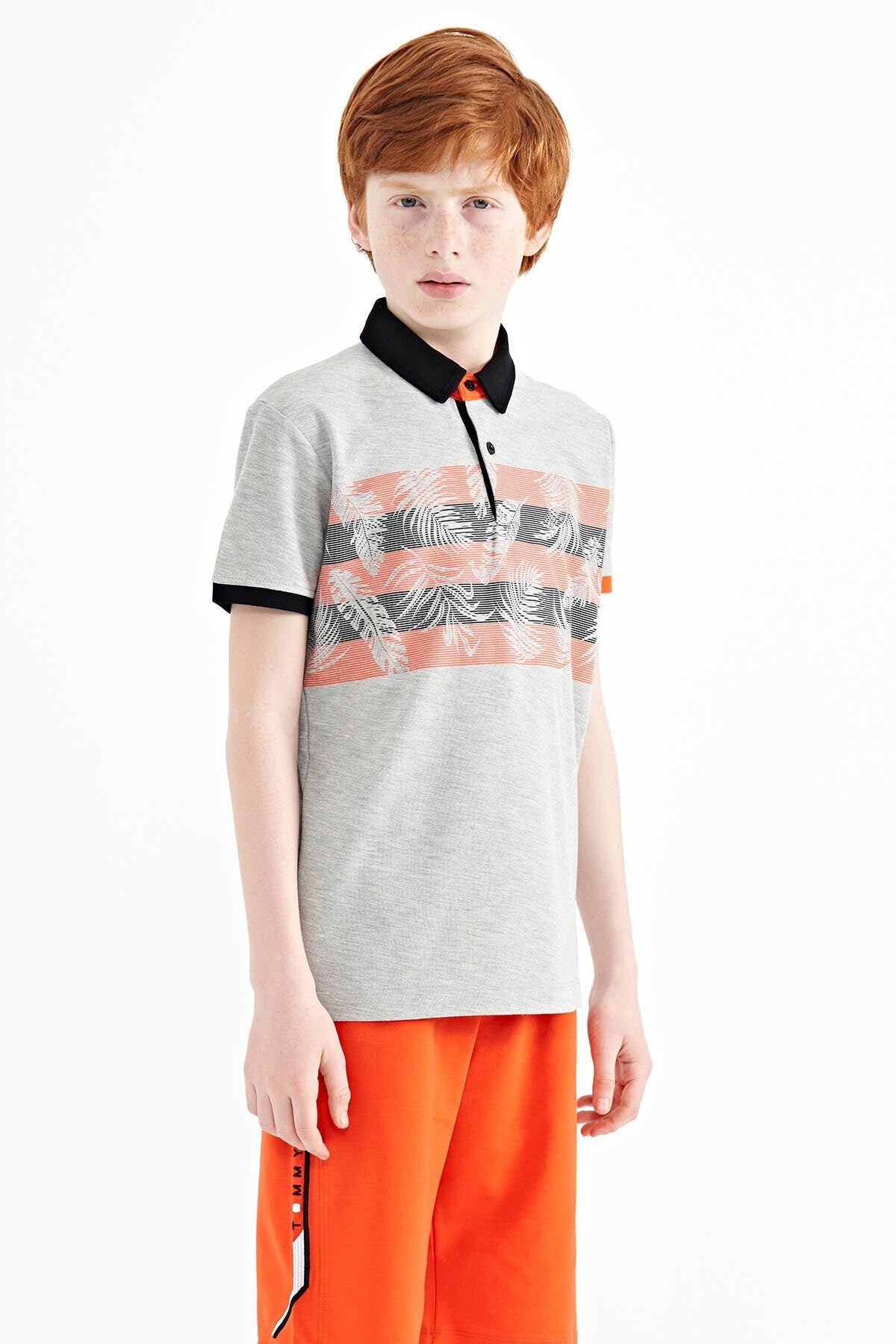 Grey Melange Print Detailed Standard Fit Polo Collar Boys' T-Shirt - 11101