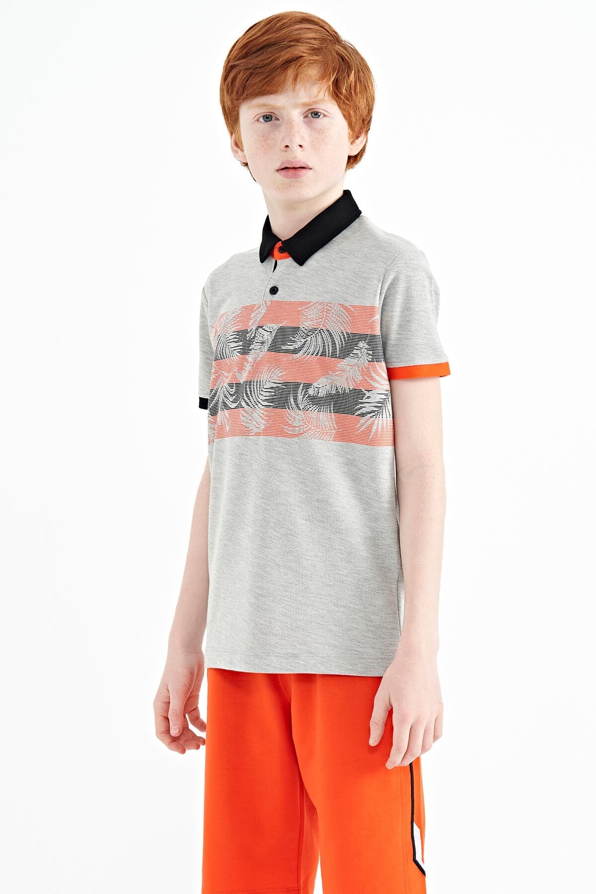 Grey Melange Print Detailed Standard Fit Polo Collar Boys' T-Shirt - 11101