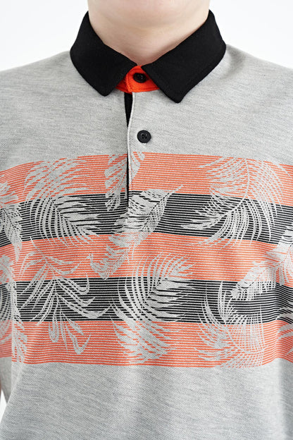 Grey Melange Print Detailed Standard Fit Polo Collar Boys' T-Shirt - 11101