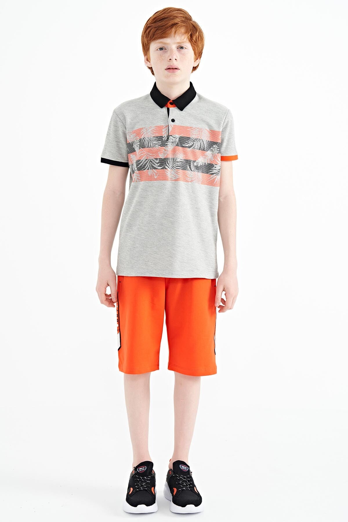 Grey Melange Print Detailed Standard Fit Polo Collar Boys' T-Shirt - 11101