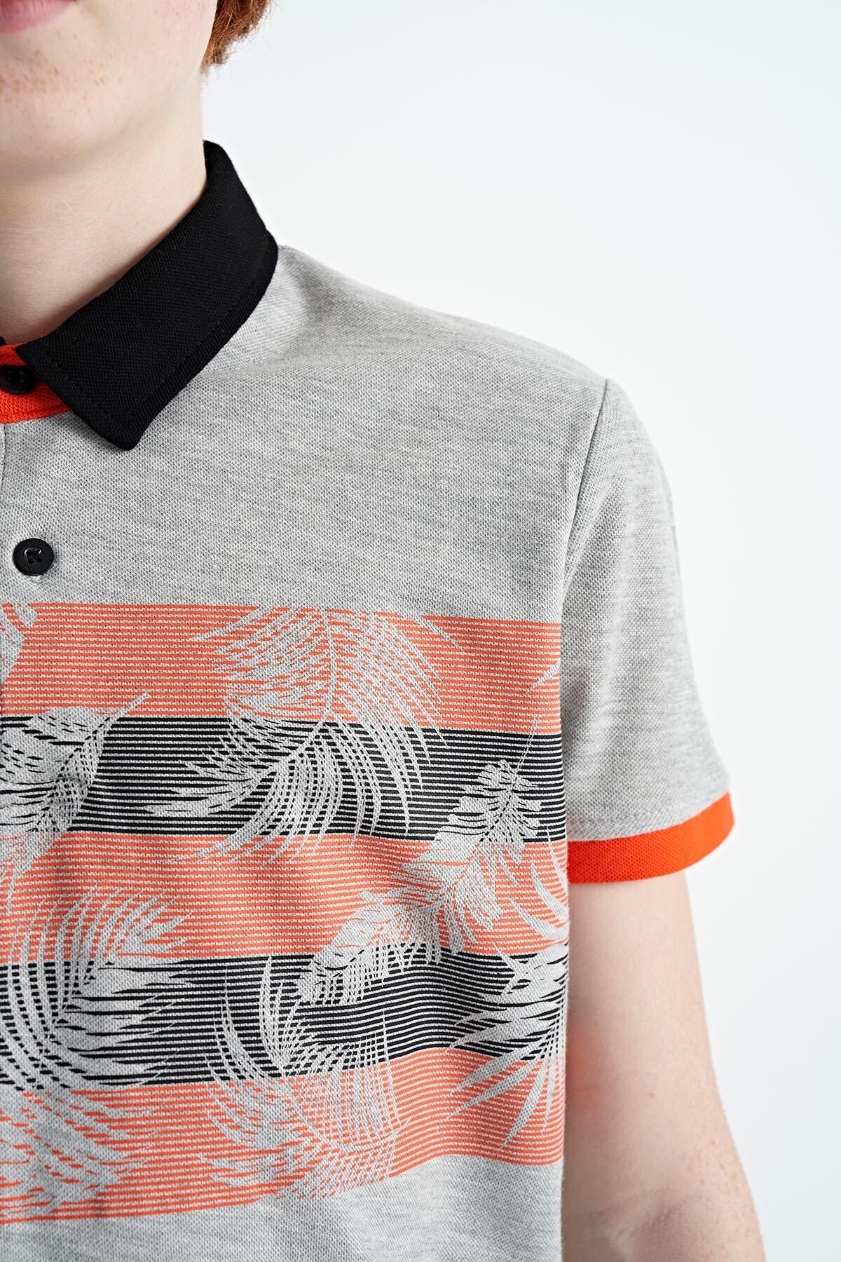 Grey Melange Print Detailed Standard Fit Polo Collar Boys' T-Shirt - 11101