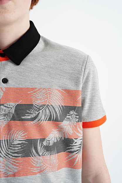 Grey Melange Print Detailed Standard Fit Polo Collar Boys' T-Shirt - 11101