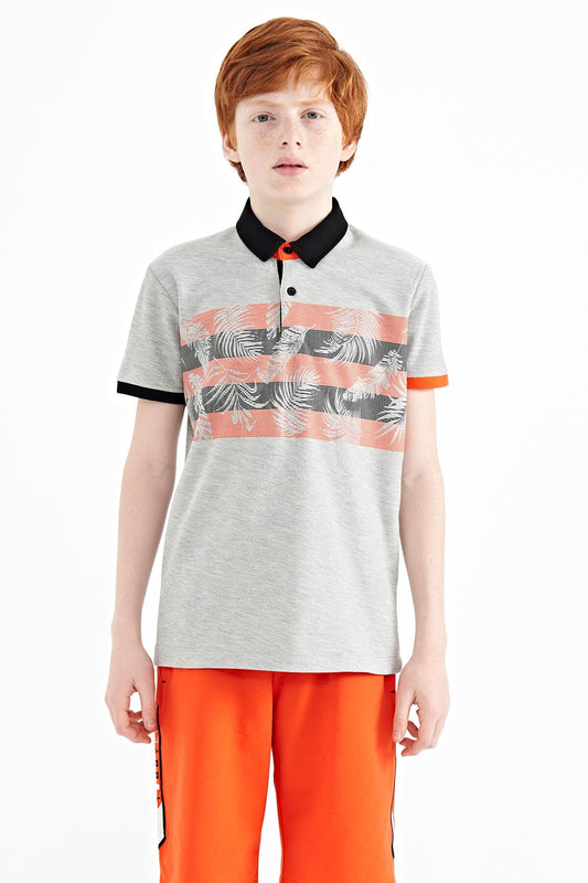 Grey Melange Print Detailed Standard Fit Polo Collar Boys' T-Shirt - 11101