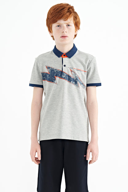 Grey Melange Print Detailed Standard Mold Polo Collar Boys T-Shirt - 11154