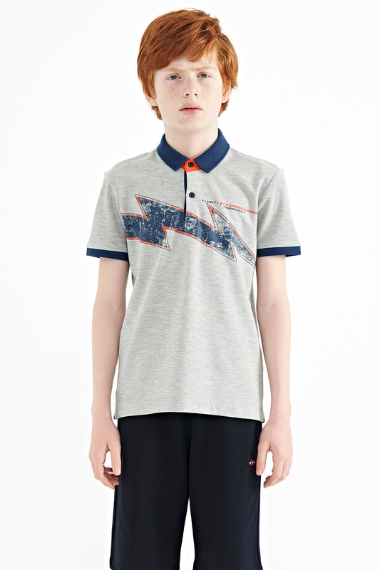 Grey Melange Print Detailed Standard Mold Polo Collar Boys T-Shirt - 11154