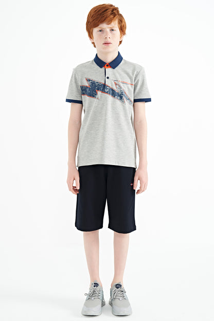 Grey Melange Print Detailed Standard Mold Polo Collar Boys T-Shirt - 11154