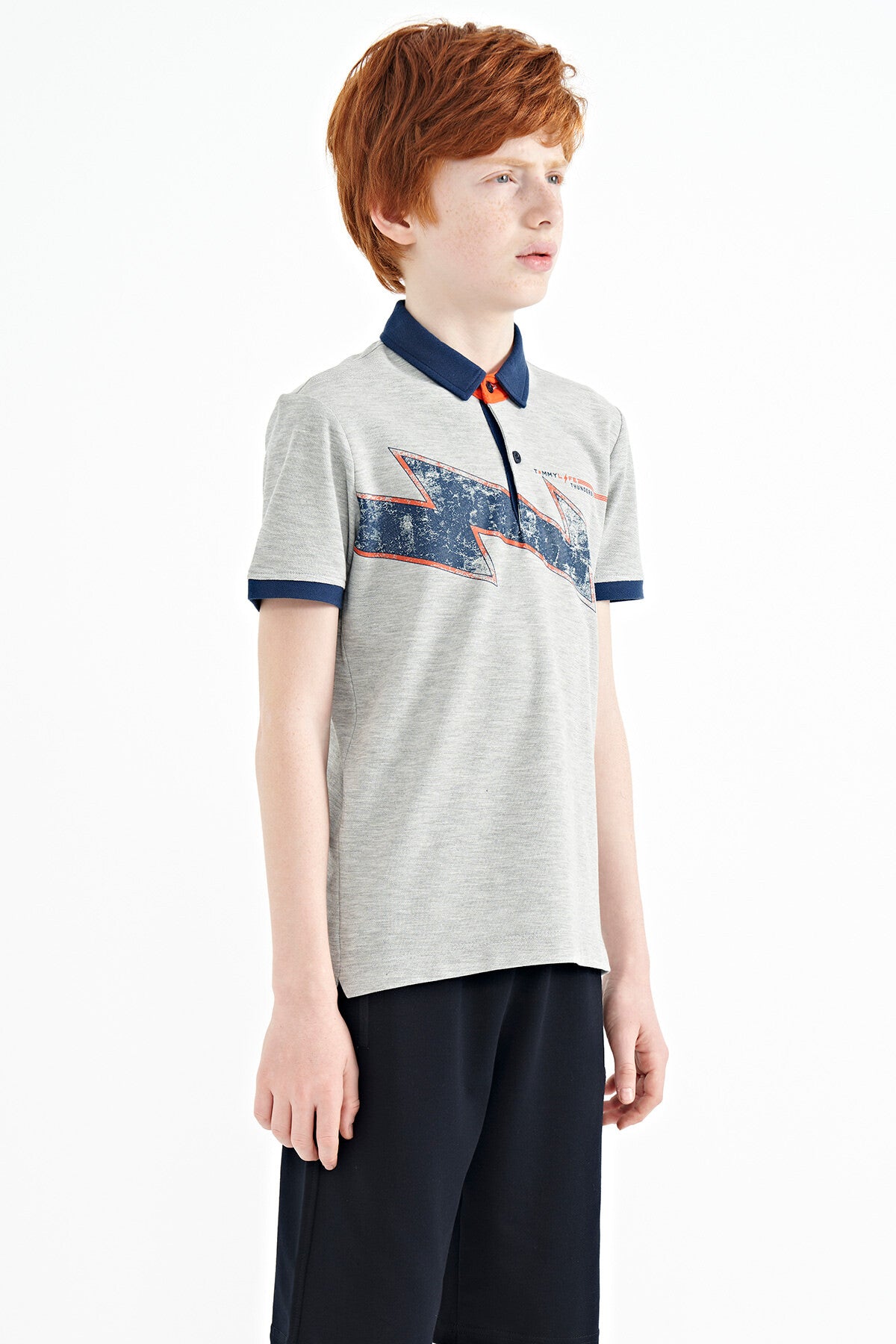 Grey Melange Print Detailed Standard Mold Polo Collar Boys T-Shirt - 11154