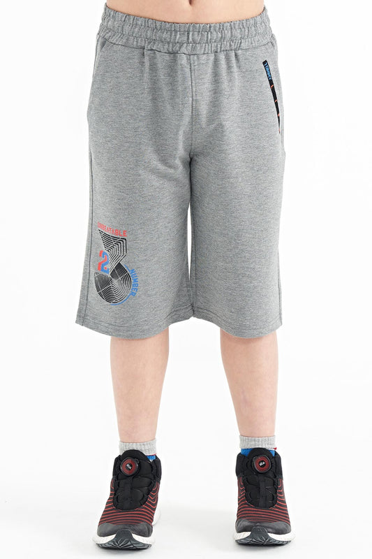 Grey Melange Printed Detailed Laced Standard Fit Boys Shorts - 11128