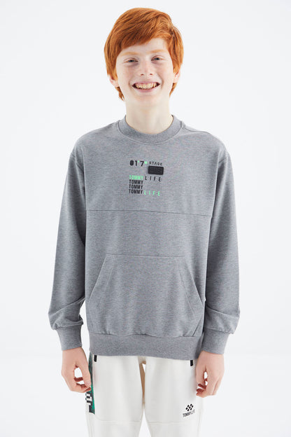 Grey Melange Printed Boys' Sweatshirt - 11175