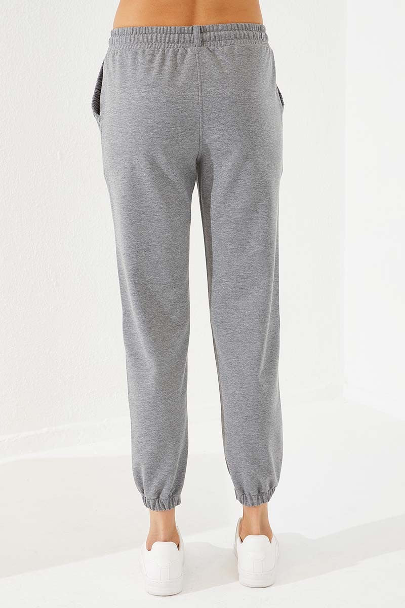 Grey Melange Drawstring Pocket Comfort Fit Elastic Cuff Women's Tracksuit Bottom - 94580