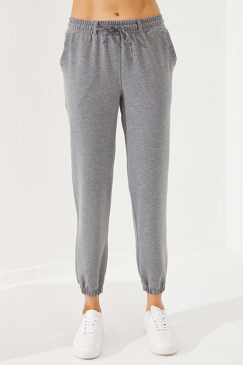 Grey Melange Drawstring Pocket Comfort Fit Elastic Cuff Women's Tracksuit Bottom - 94580